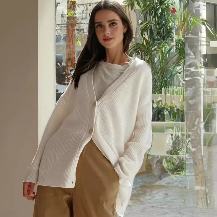 Cardigan Femme En Mélange De Coton Avec Tricot Côtelé Col V Boutonné Devant Longue Silhouette