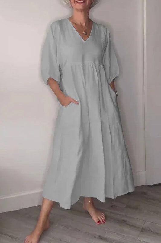 Robe Midi Femme Amawinc En Coton Lin Coupe Décontractée Décolleté Profond En V Poches Manches À Poignets