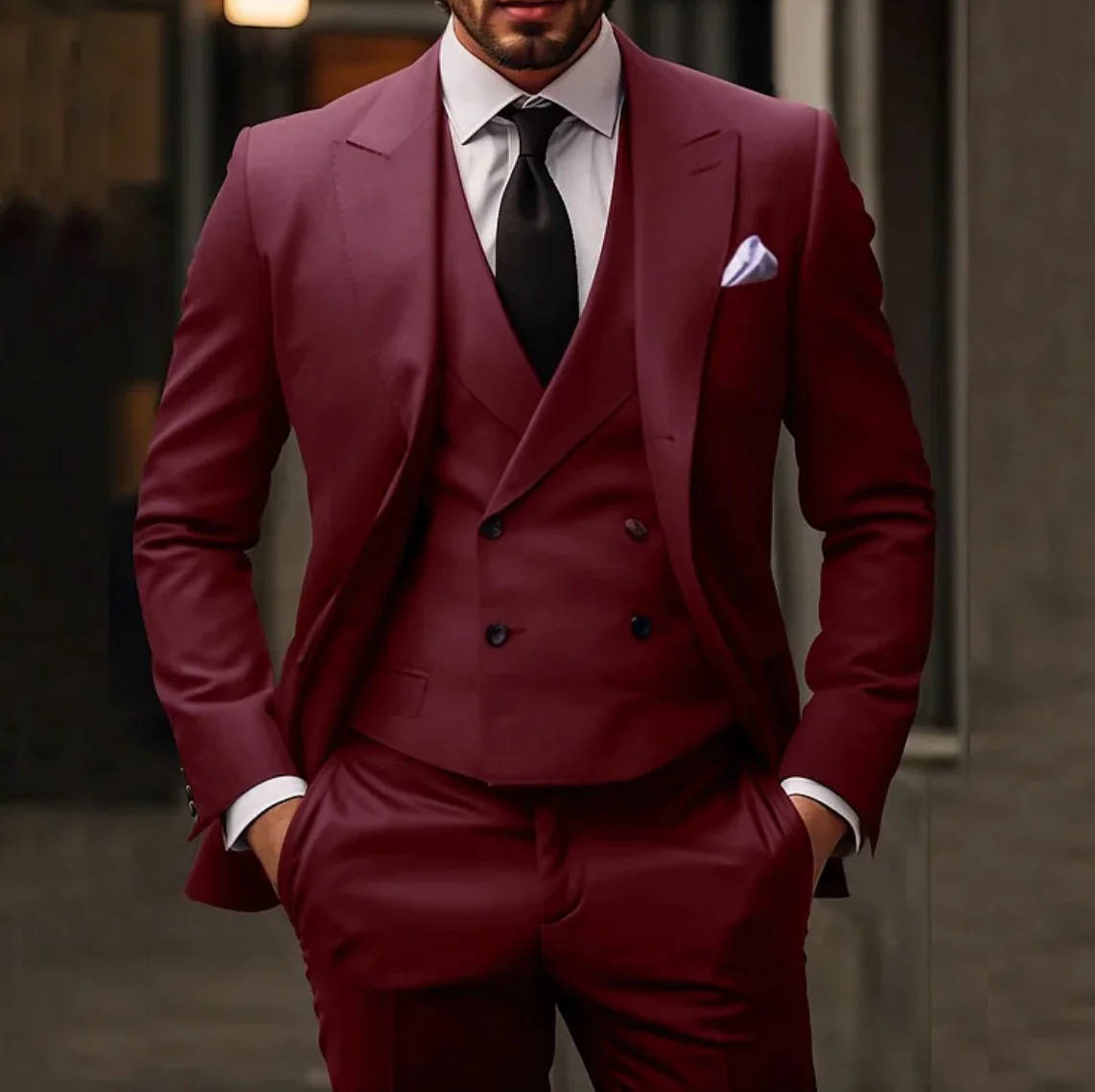 Costume Trois Pièces Smoking Homme Avec Gilet Bourgogne Rouge Pour Mariages Et Événements