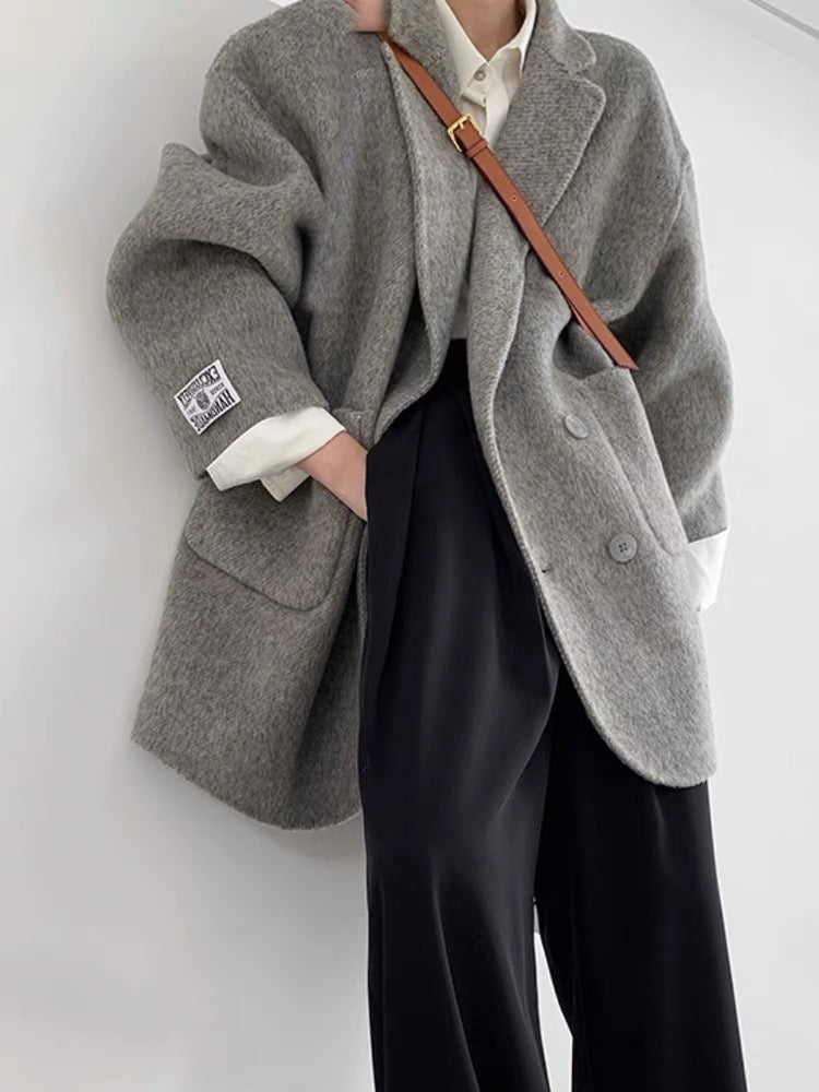 Manteau Femme En Laine À Coupe Ample Double Boutonnage Col Revers Longueur Mi Cuisses