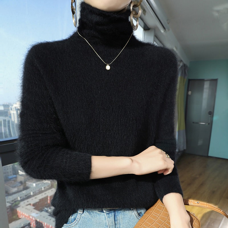 Pull Femme Col Roulé en Mélange de Laine Coupe Décontractée Col Pelucheux Poignets Côtes