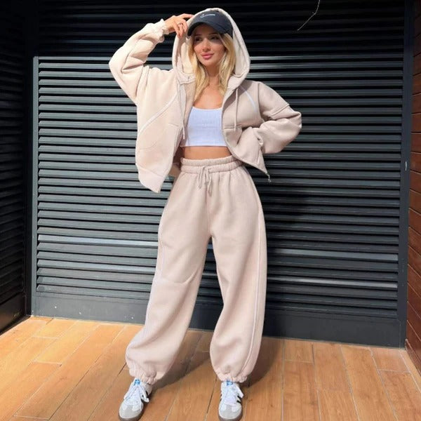 Ensemble Sweat À Capuche Et Jogging Femme Coupe Oversize Molleton Coton À Fermeture Éclair Devant Cordon À La Taille