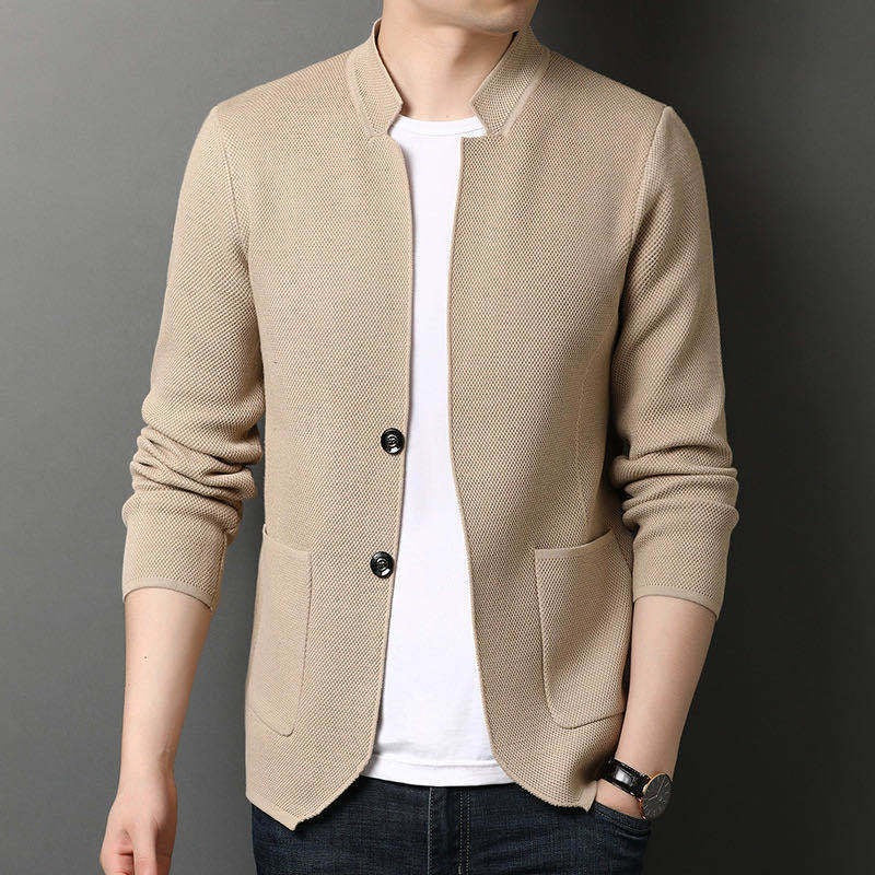 Veste Blazer En Maille Homme Slim Fit Notch Lapel Deux Boutons Poches Patch Moderne Pour Look Smart Casual