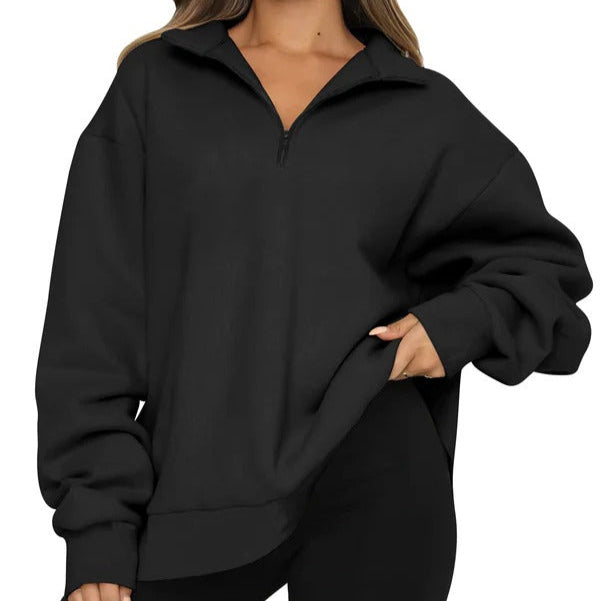 Sweatshirt Femme Oversize Effet Coton Col Montant Zip Court Décontracté Nordisk Flair Amawinc