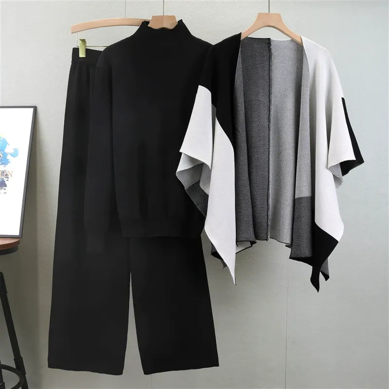 Ensemble Tricot Trois Pièces Pour Femme Pull Col Montant Pantalon Large Évasé Cape Intégrée