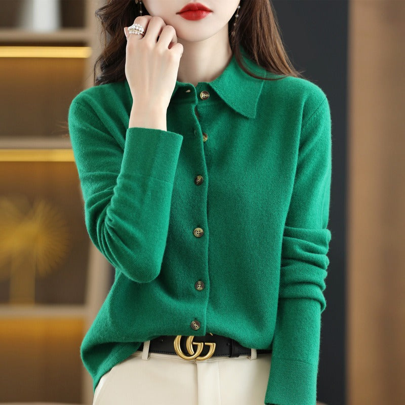 Cardigan Femme en Mélange de Laine Col Polo Boutonné Coupe Décontractée Camel Confortable