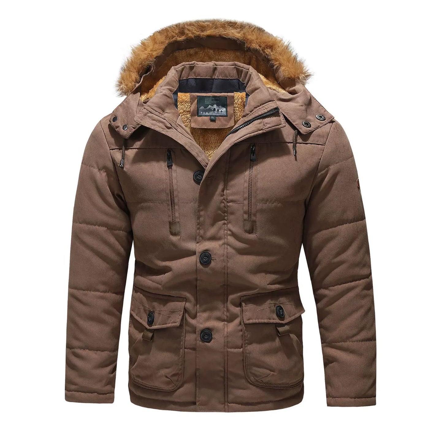 Parka Homme Coupe Regular Doublure Peluche Capuche Détachable Fourrure Synthétique Milieu Long Manteau Hivernal