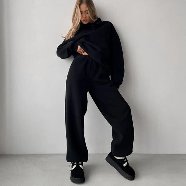 Ensemble Deux Pièces Femme Sweatshirt Décontracté À Col En Polaire Douce Pour Détente À La Maison Et Sorties