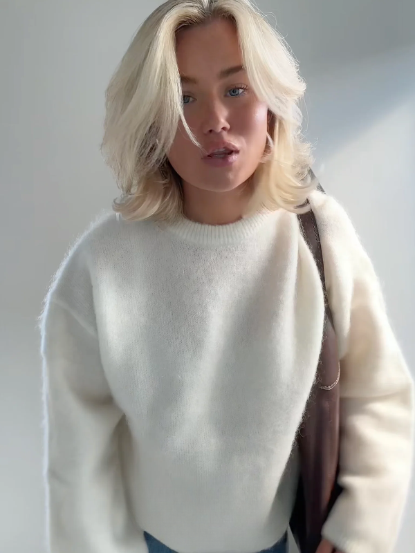 Pull Femme Oversize Col Rond Texture Pelucheuse Manche Longue Pour Automne Chaud Confortable