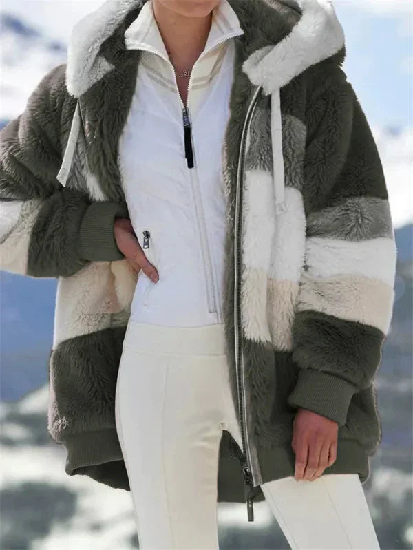 Veste à Capuche Femme Oversize Fourrure Synthétique Douce Fermeture Éclair Devant Manches Côtelées