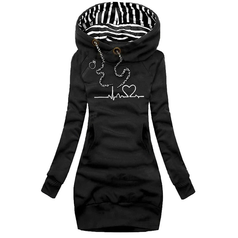 Robe À Capuche Pour Femmes Coupe Slim Manches Longues En Mélange De Coton Imprimé Graphique Avec Poches