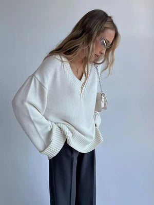 Pull Femme En Maille Douce Coupe Décontractée Col V Manches Longues Bord Côte Nordisk Flair