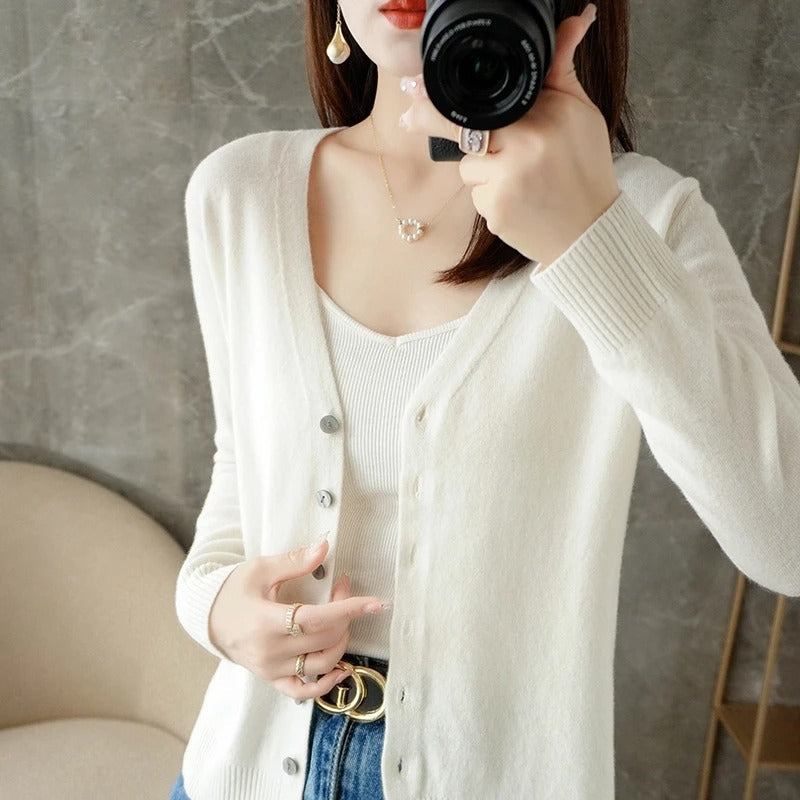 Cardigan Femme Mélange De Laine Coupe Décontractée Col V Boutons Devant Bordures Côtelées
