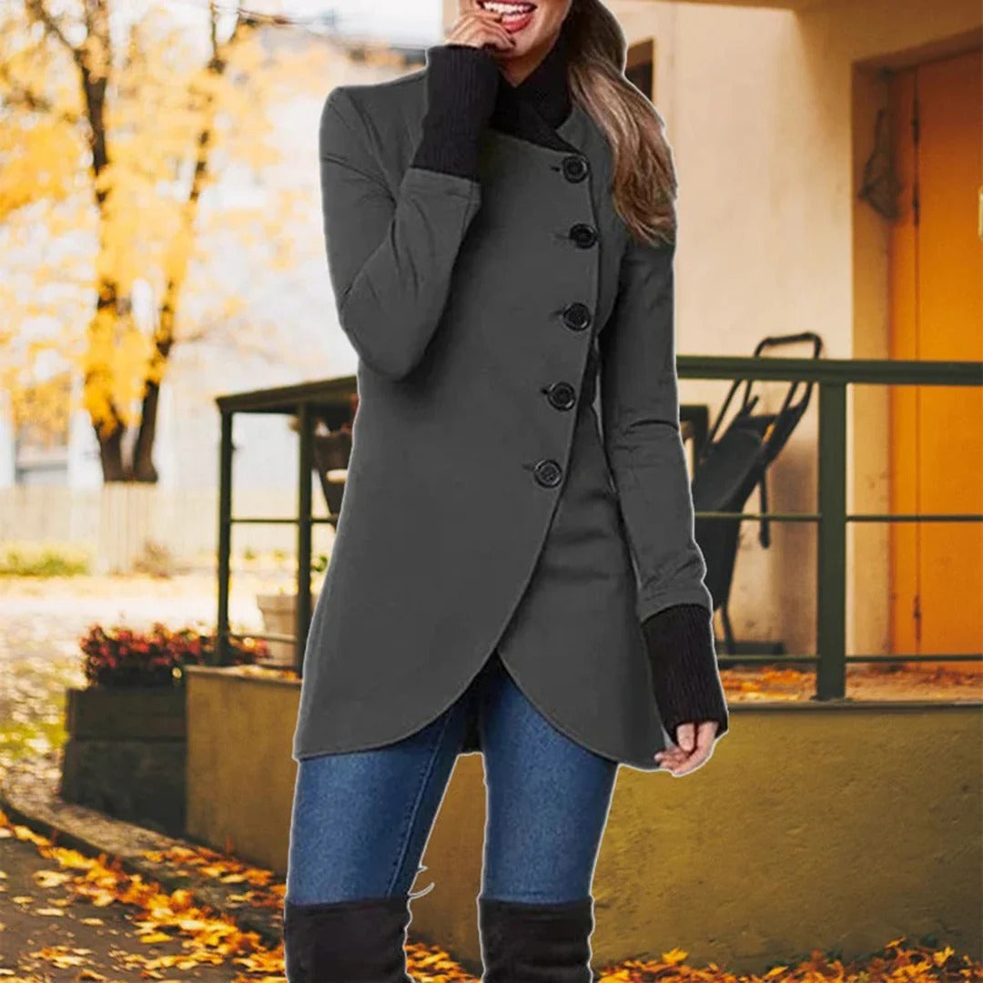 Amawinc Veste Femme Moderne Asymétrique Fermeture Bouton Col Haut Coupe Cintrée Longueur Mi Cuisses
