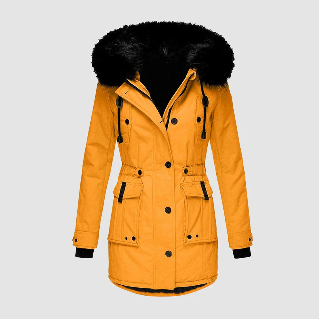 Manteau Long Femme À Coupe Tailleur Capuche En Fourrure Synthétique Avec Ceinture Et Boutons Devant