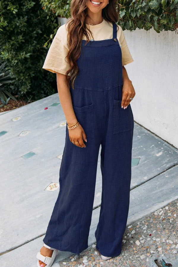 Combinaison Femme Décontractée En Mélange De Coton Pantalon Large Sans Manches Avec Poches Frontales