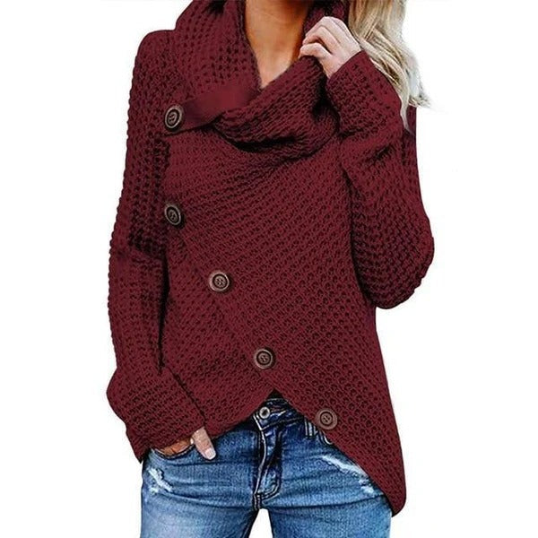 Pull Femme À Col Drapé En Maille Gaufrée Coupe Décontractée Avec Boutons Asymétriques À L'Avant