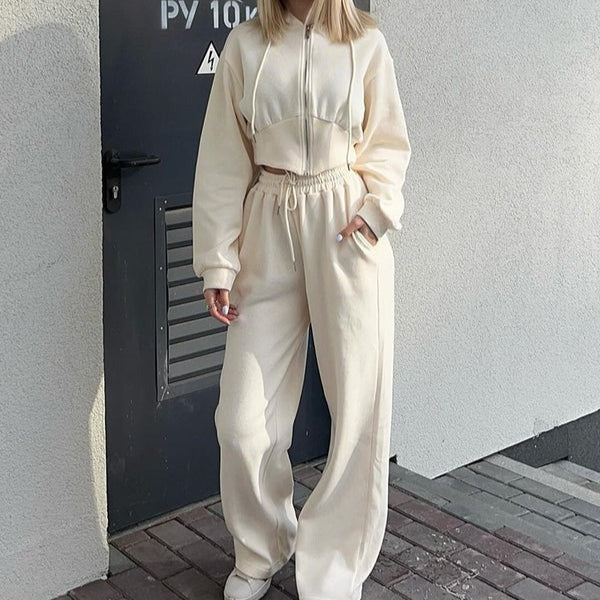 Ensemble Deux Pièces Détente Femme Sweat À Capuche Zip Décontracté Pantalon Large Mélange Coton Nordisk Flair