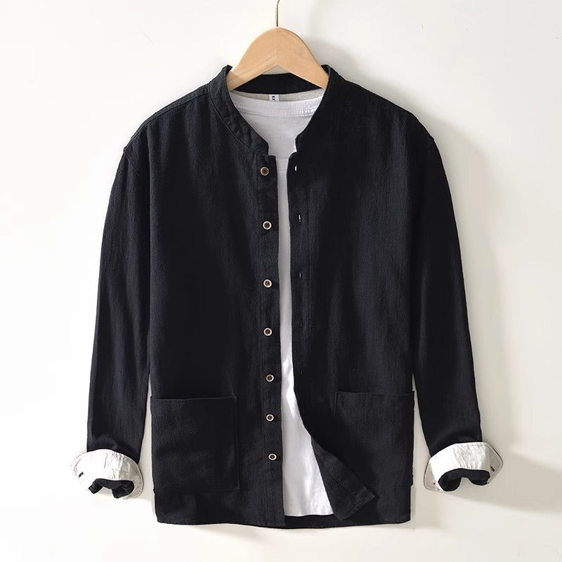Chemise Haku Col Mandarin Coupe Décontractée Tissu Texturé Poches Oversize Manches Contrastées