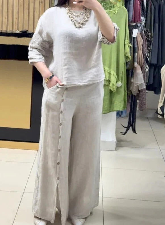 Ensemble Deux Pièces En Lin Pour Femme Haut Décontracté Et Pantalon À Jambes Larges Boutonné