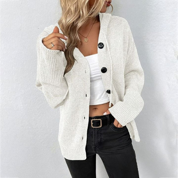 Cardigan En Maille Pour Femme Avec Capuche Laine Mélangée Coupe Décontractée Boutons Devant Bord Côtelé