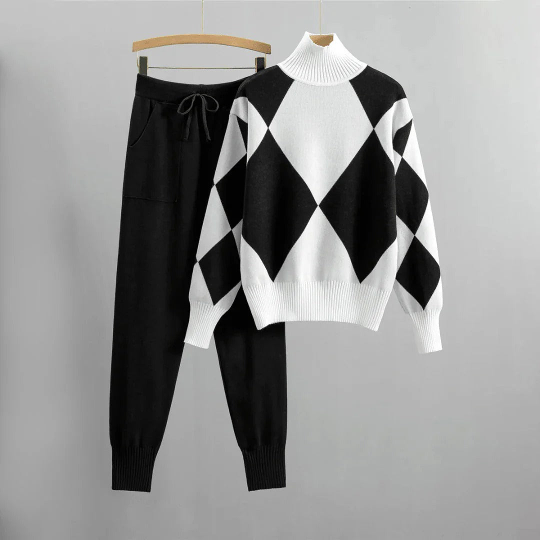 Ensemble Pull Et Pantalon En Maille Pour Femme Coupe Décontractée Col Roulé Argyle Taille À Cordon