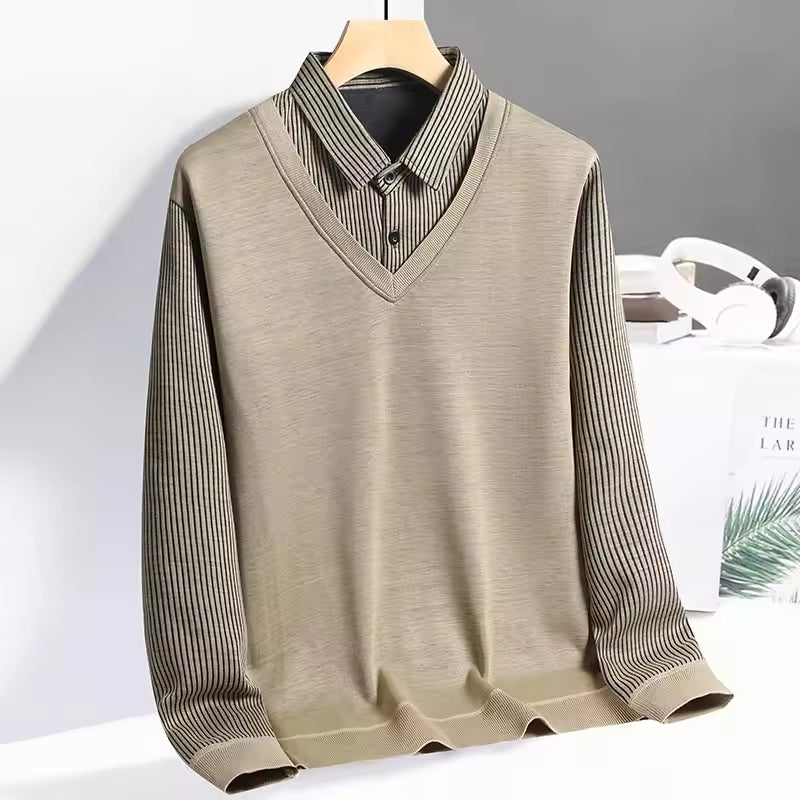 Sweat Polo Homme En Tricot Regular Fit Col V Look Superposé Manche Longue Décontracté Chic