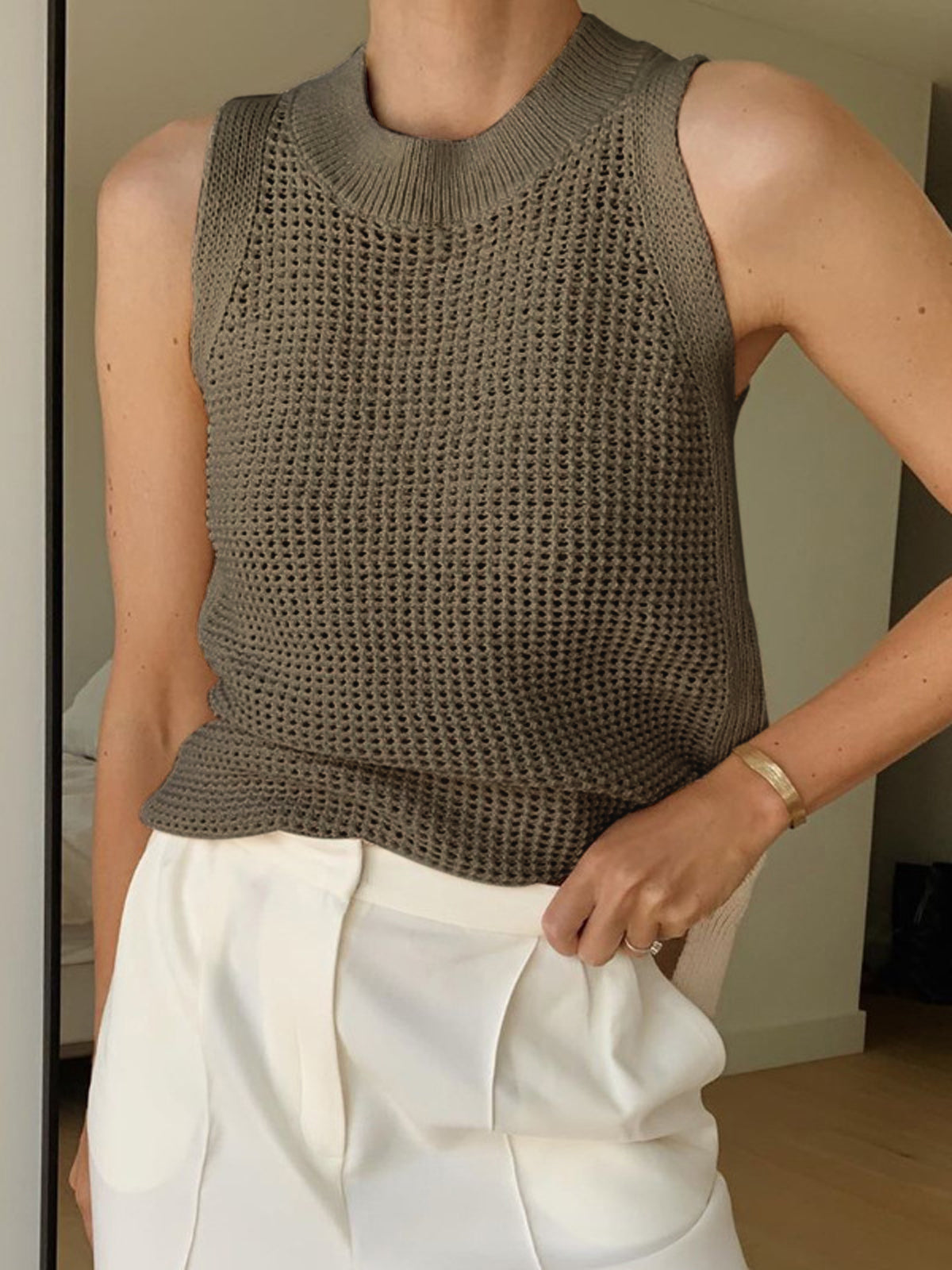 Débardeur Tricot Ajouré Uni Sans Manches À Col Rond Décontracté Pour Femme En Polyester Acrylique Élastane