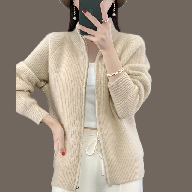 Damen-Zopfmusterjacke mit Reißverschluss - Yasmina