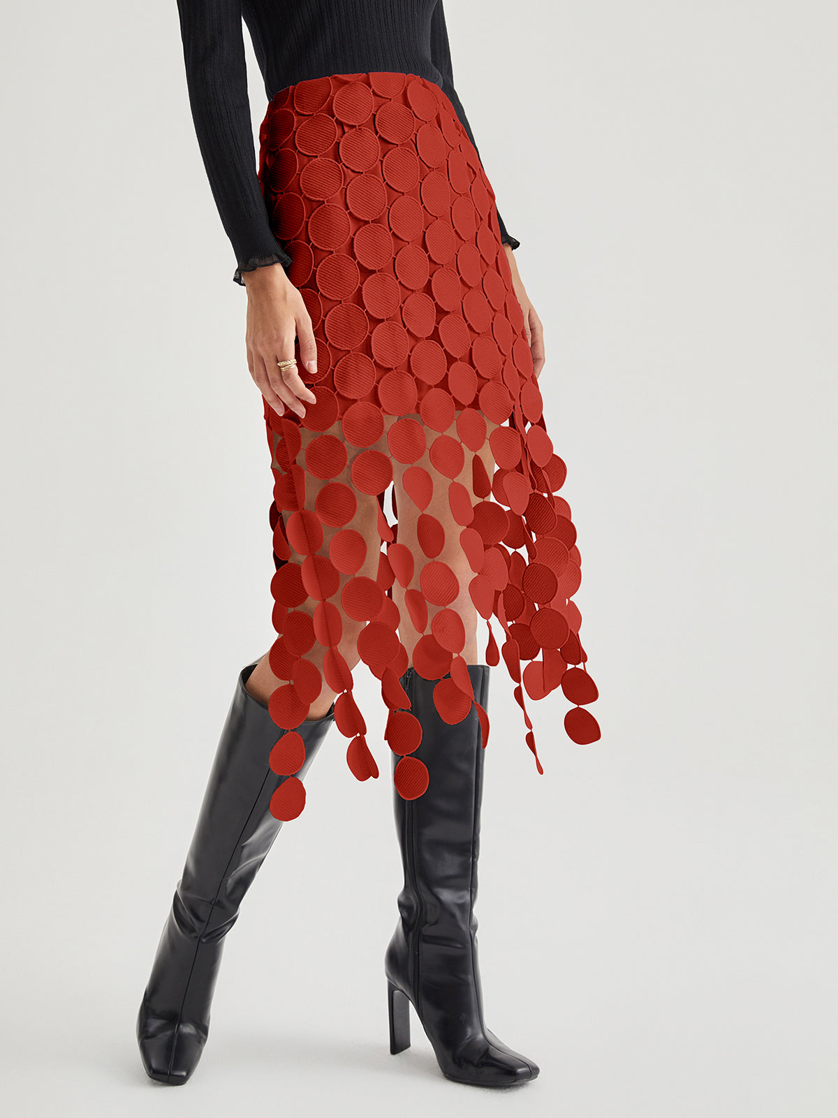 Jupe Midi Double Couche À Motifs Circulaires Découpés Au Laser Pour Tenue Moderne Et Sophistiquée Amawinc