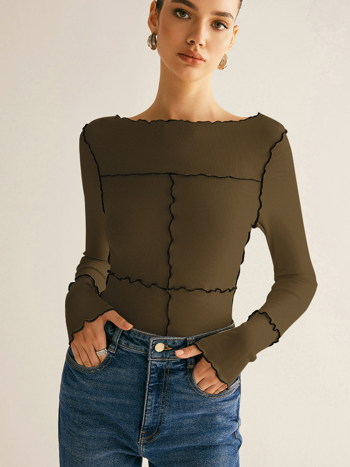 T Shirt Manches Longues Slim En Maille Côtelée Coton Lyocell Élasthanne Ourlet Lettuce Décontracté Style Travail