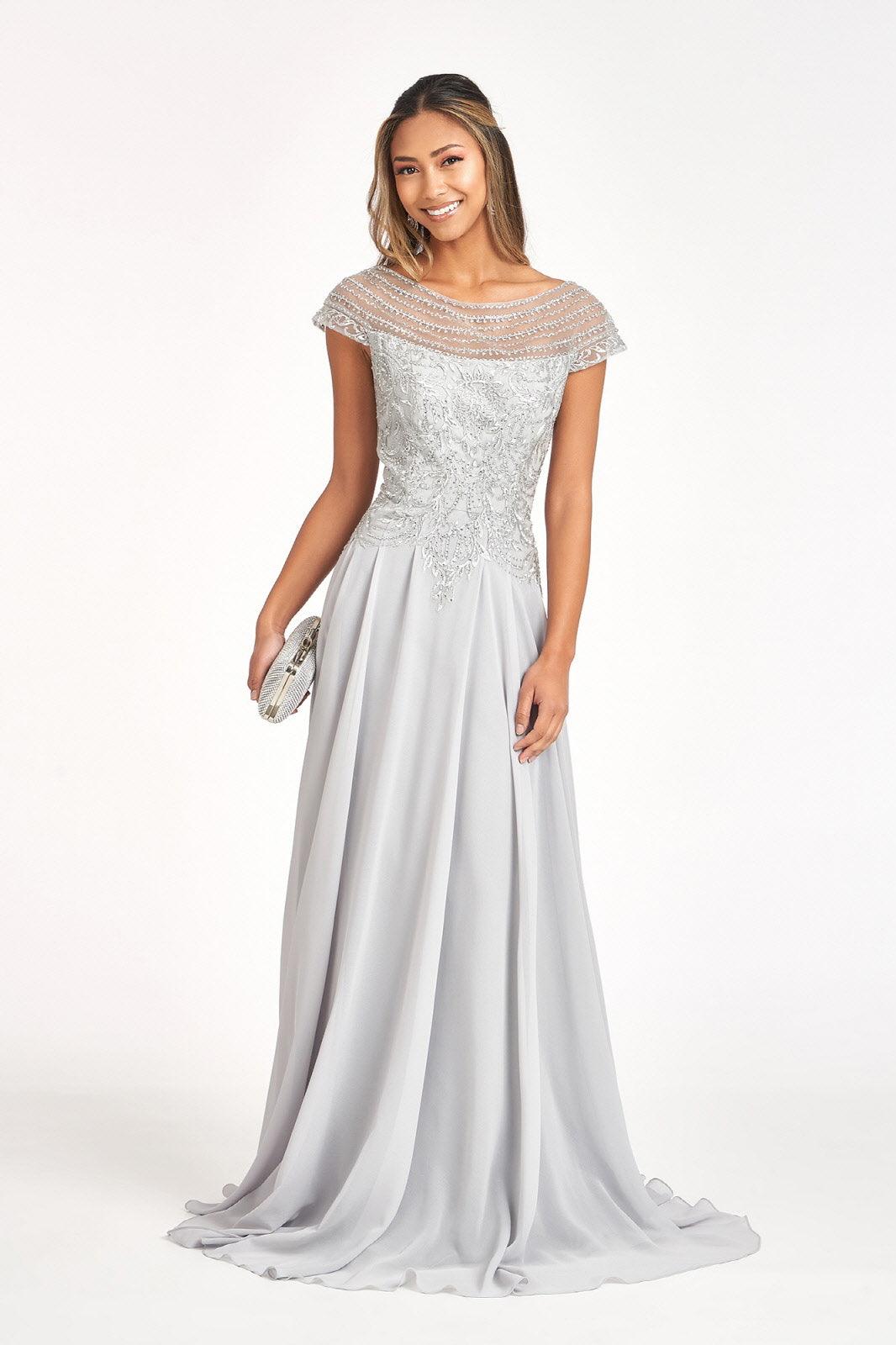 Robe Longue Formelle en Chiffon pour Mère de la Mariée Décolleté Scoop Avec Manches Cap