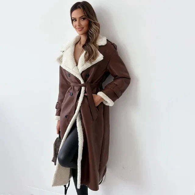 Manteau Long En Cuir PU Avec Fourrure Pour Femme Coupe Décontractée Double Boutonnage Revers Larges