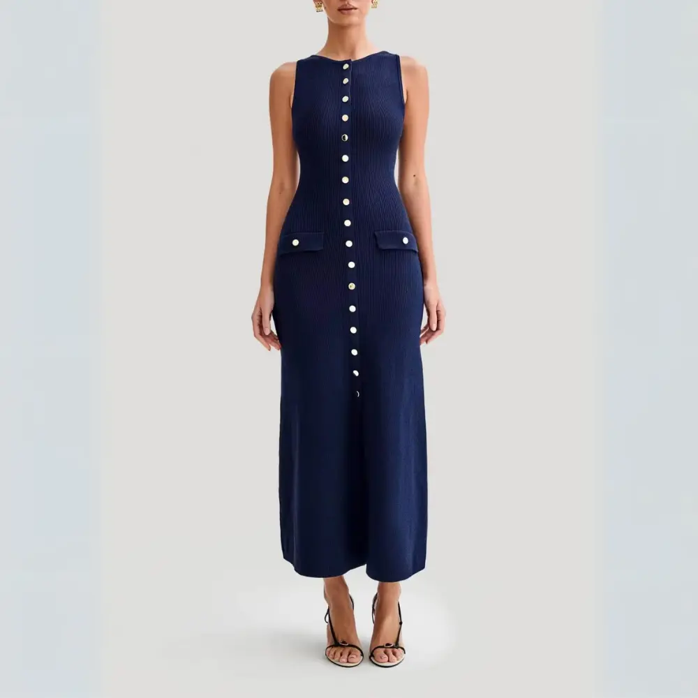 Robe Maxi En Maille Bouton Lou Amawinc Pour Été Décontractée Et Sophistiquée Avec Silhouette Élégante Et Confortable