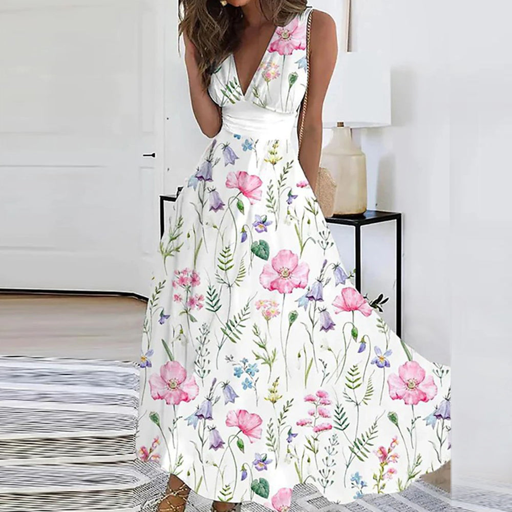 Amawinc Robe Maxi Femme Sans Manches Encolure V Légère Imprimé Floral Coupe Fluide Élégante Été Vacances Plage