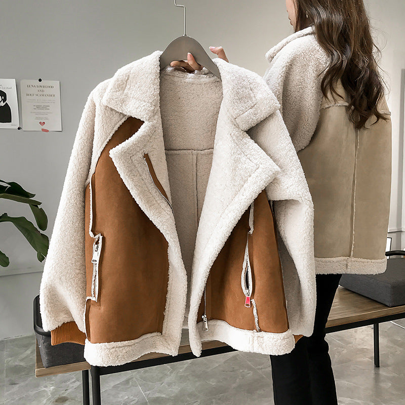 Veste Shearling Femme Oversize Look Suede Zip Fermeture Chaude Et Élégante Pour Automne Hiver