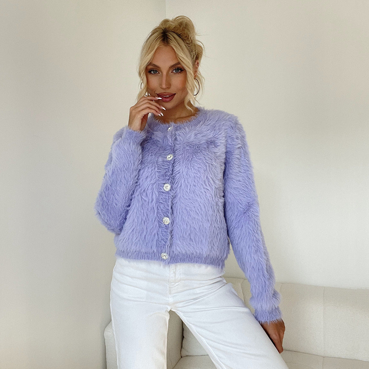 Marissa - Fluffy Button-Up Cardigan For Women - Amawinc