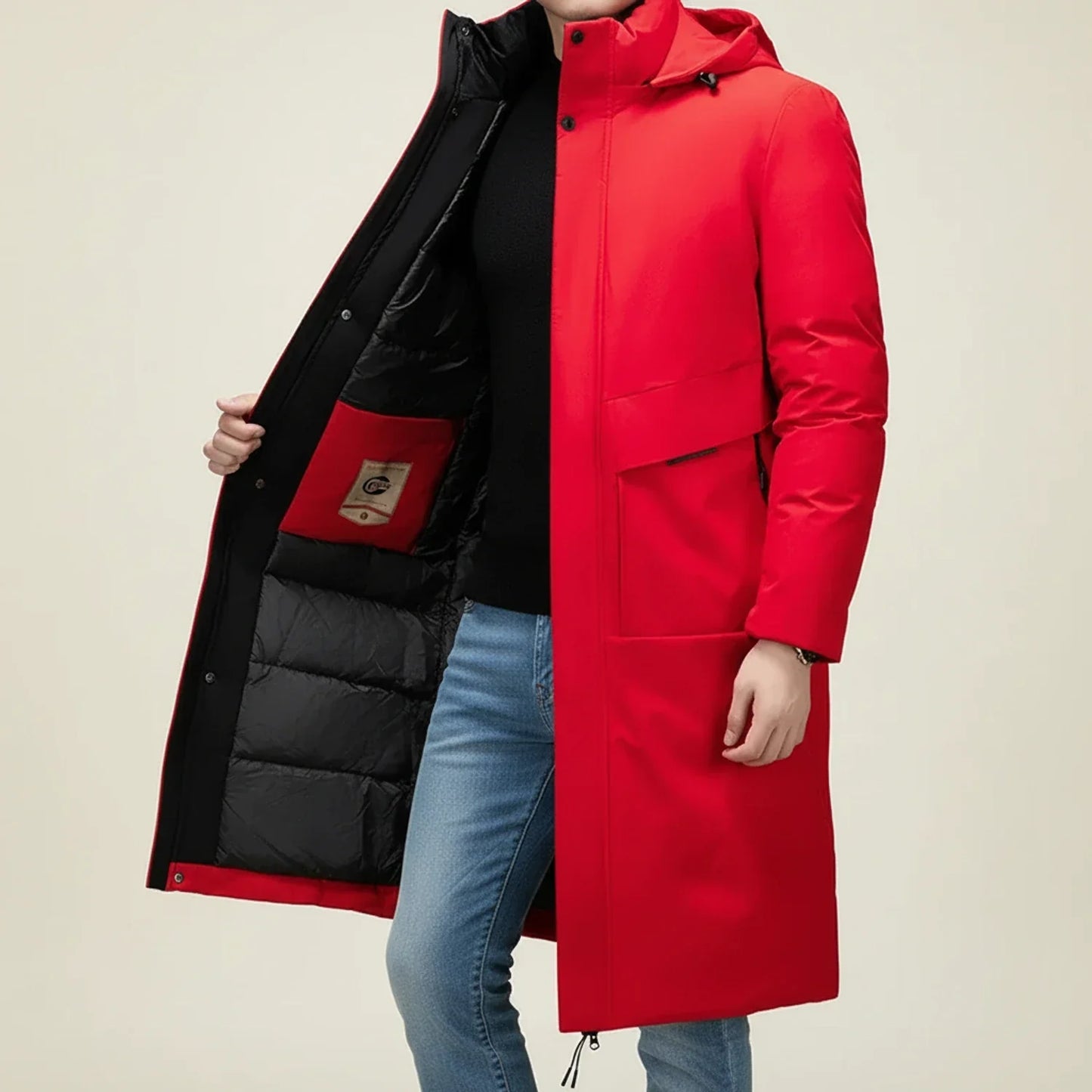 Parka Longue pour Homme à Capuche Isolante avec Cordon au Bas et Poches Passepoilées Fermeture par Pression