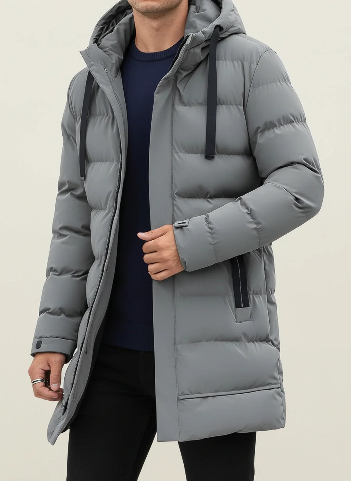 Manteau Puffer Longline À Capuche Pour Homme Amawinc Isolé Hiver Avec Fermeture Éclair Devant Et Pressions Ajustables