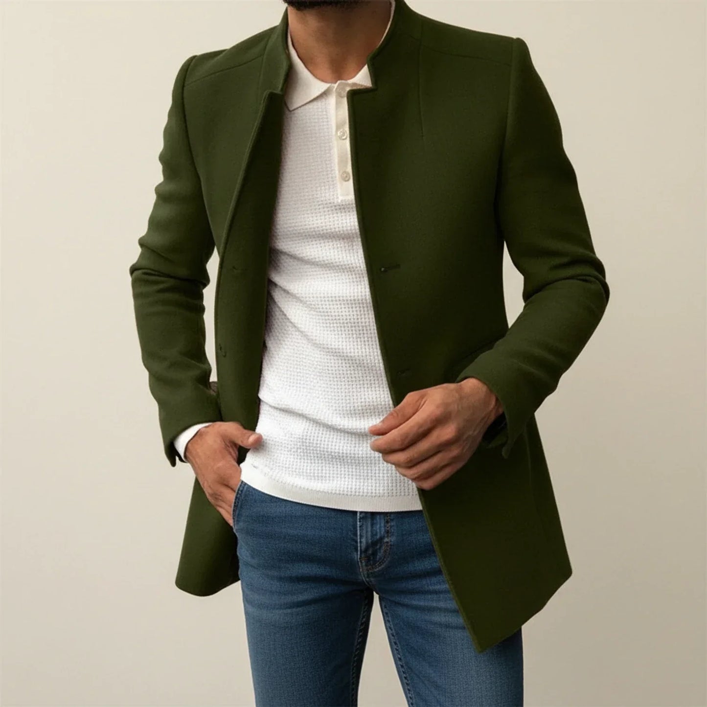 Manteau Homme Slim Fit Col Mandarin Mi Longue Simple Boutonnage en Beige Pour Style Moderne et Formel