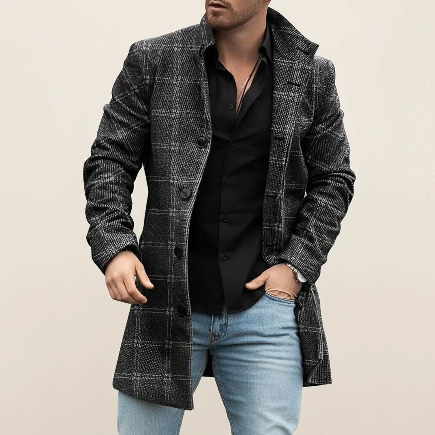 Amawinc Manteau Homme Revers Encoches Mi-Long Gris Avec Boutonnage Devant Et Motif Subtil