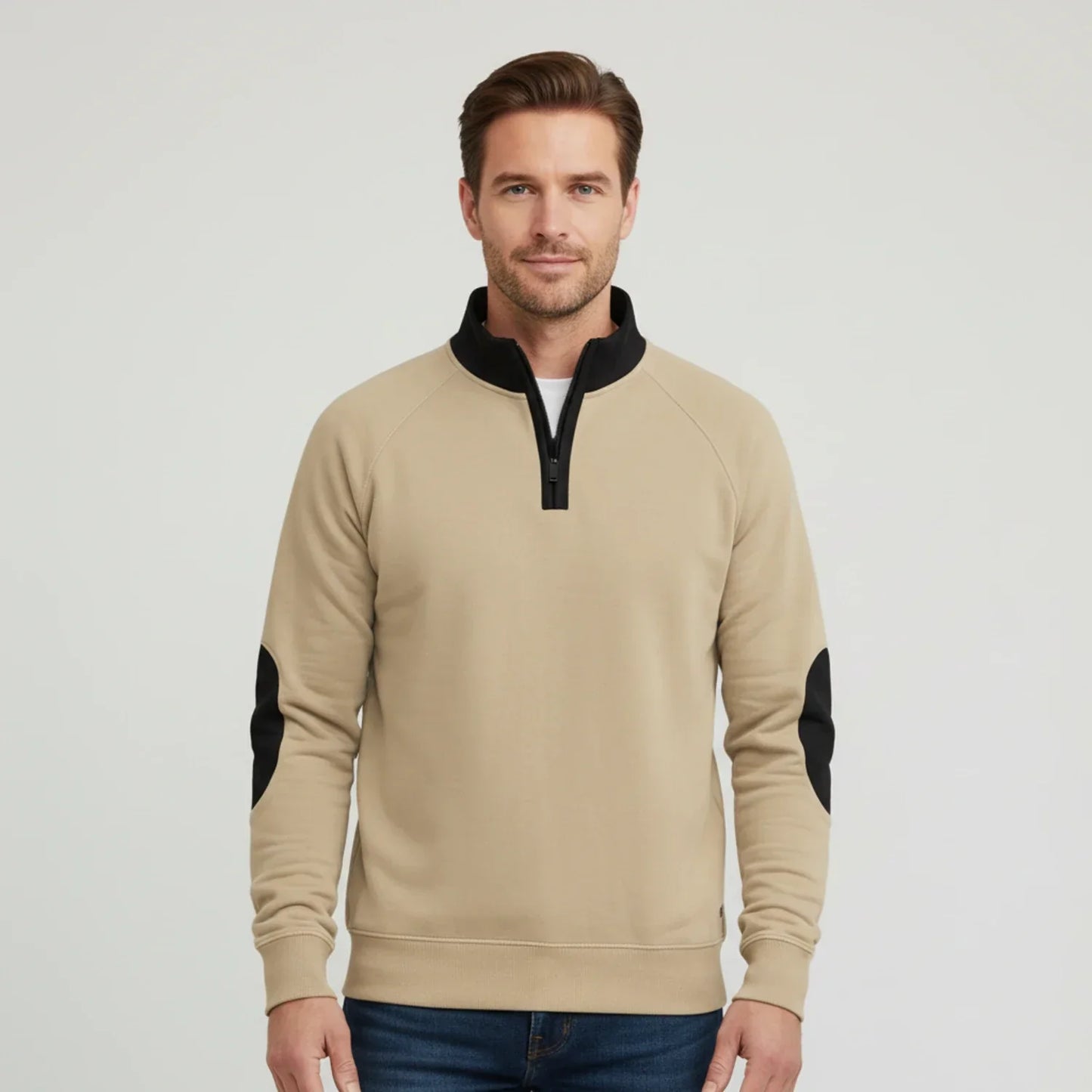 Pull Raglan Demi Zip Pour Hommes Avec Patches Coudes Et Col Montant Pour Look Décontracté Ou Semi Formel