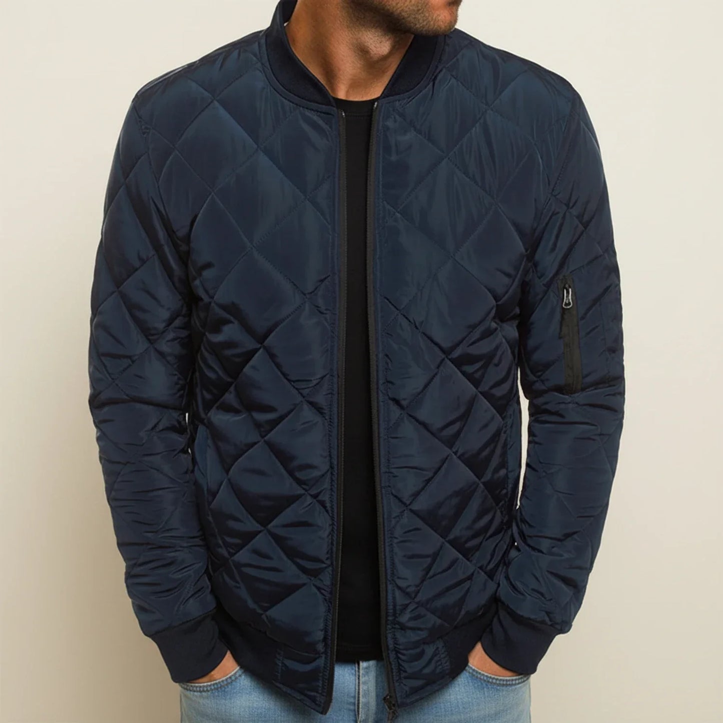 Amawinc Manteau Bomber Quilté Diamant Pour Homme Noir Avec Zip Col Côtelé Poignets Décontractés