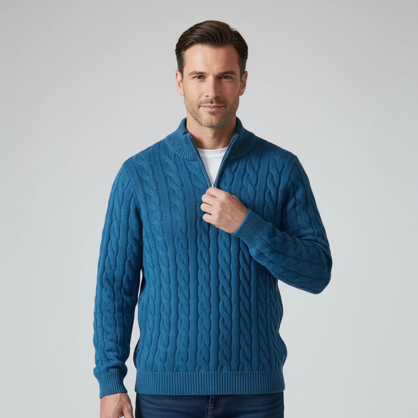 Pull Homme Col Zippé En Maille Torsadée Avec Col Montant Pour Superposition Et Tenue Quotidienne