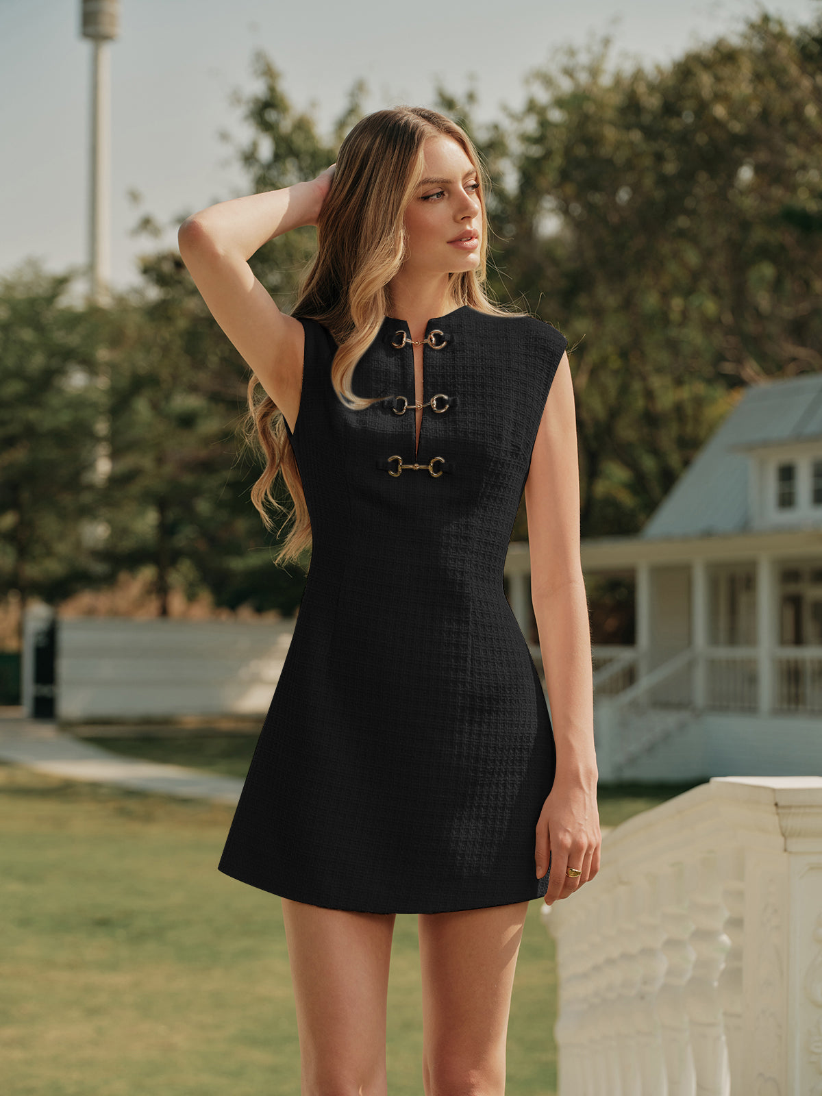 Robe Sans Manches En Tweed Avec Boutons Métalliques Amawinc Pour Mariages Réceptions Et Loisirs Élégants