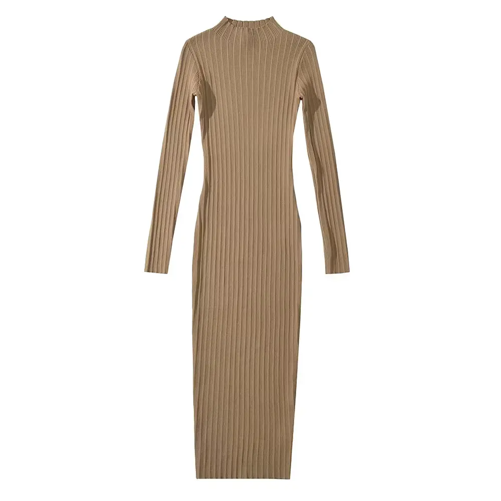 Robe Mindy en Maille Côtelée Midi Col Montant Amawinc Confortable et Élégante Pour Bureau et Soirée