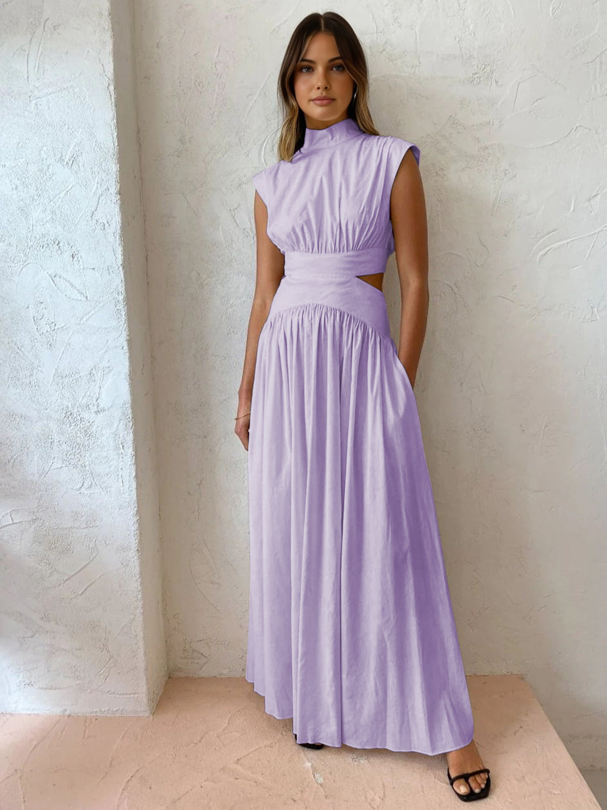 Robe Longue À Col Montant Avec Découpes Romantiques En Polyester Maxi Amawinc Pour Vacances Travail Et Fêtes