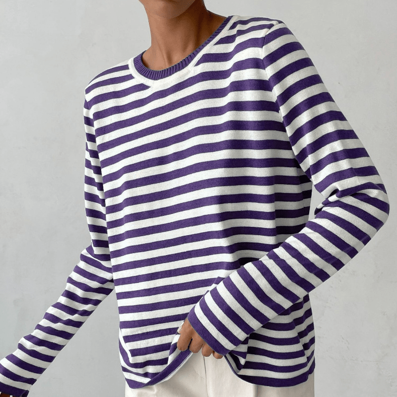 Amawinc Tee Shirt Rayé À Manches Longues Pour Homme Col Rond Tissu Doux Coupe Régulière