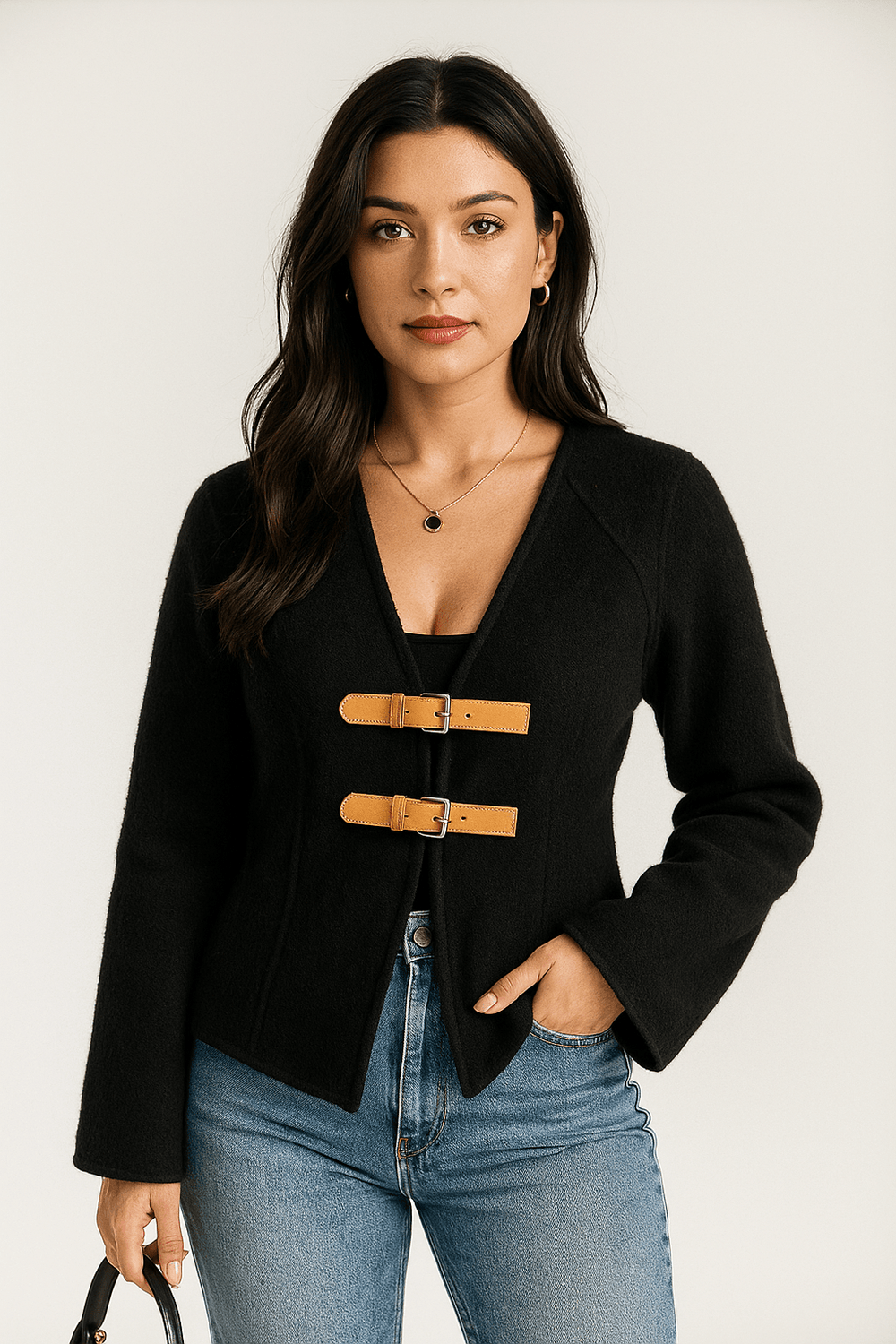 Amawinc Blazer Femme Coupe Ajustée Texture Laine Synthétique Encolure En V Boucle De Fermeture