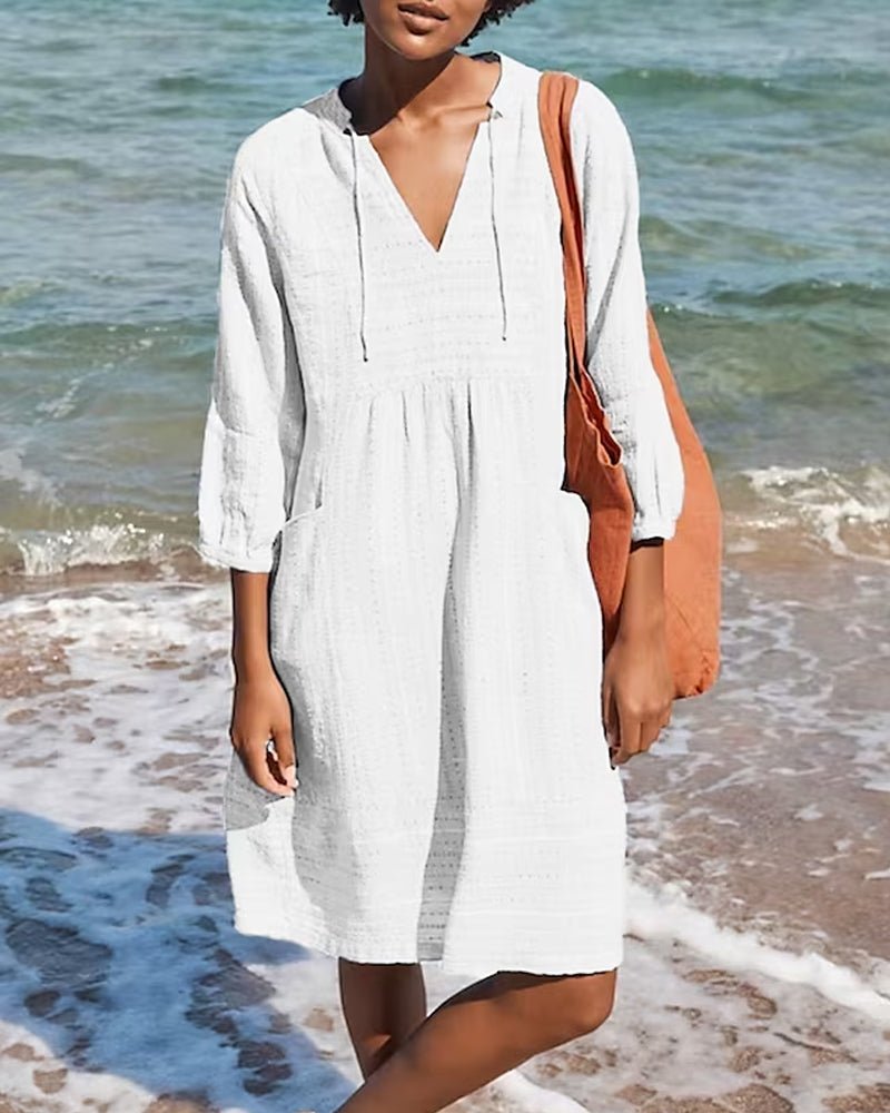 Robe Femme Plage Loose Fit Col En V Avec Laçage Manches Trois Quarts Tissu Léger Respirant Amawinc